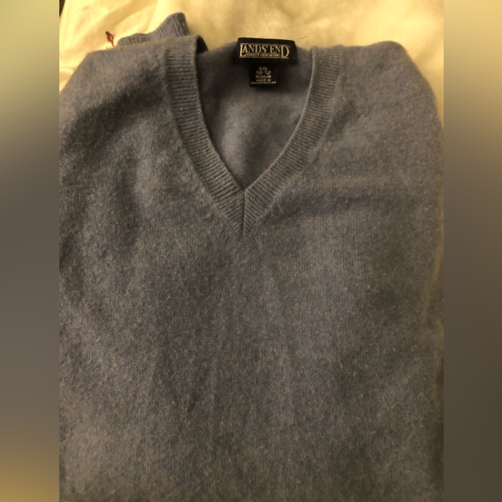 Lands End Men's V-Neck Cashmere Sweater - Charcoal Blue